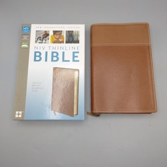 NIV Thinline Bible Imitation Leather Tan Brown Red Letter Edition - Picture 1 of 6